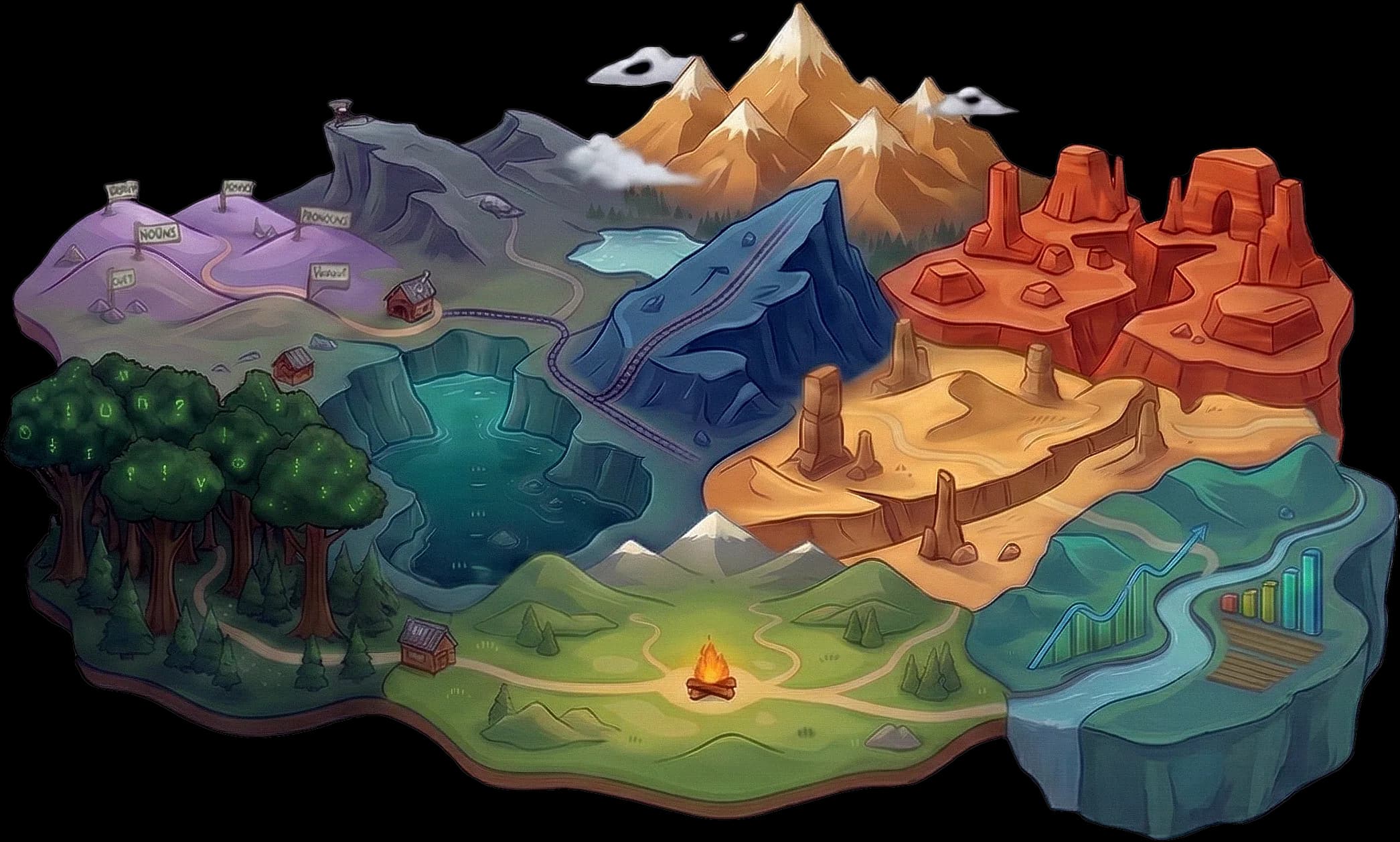 The ScoreHike learning map — ten terrain regions